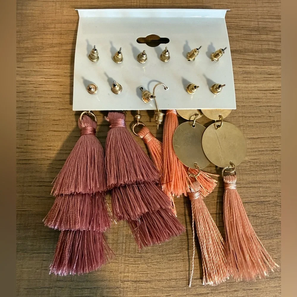 Gold Fashion Earrings Set Studs & Tassel Dangles Blush & Mauve (6 Pairs)